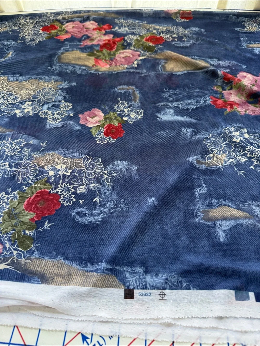 Y2K Denim Rose Lace Print Stretch Mesh Fabric 4 Yards 54” Semi Sheer